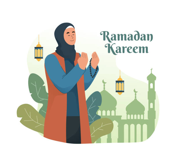 muzułmańska kobieta modląca się trzymając paciorki różańcowe - salah stock illustrations