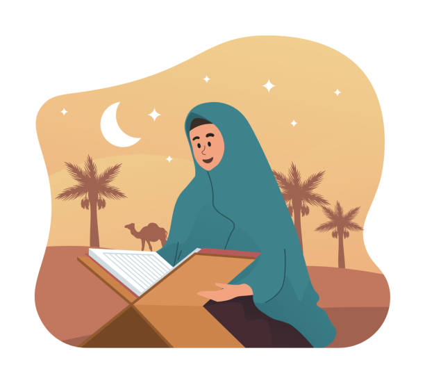 illustrazioni stock, clip art, cartoni animati e icone di tendenza di donna musulmana che legge sacro corano - salah