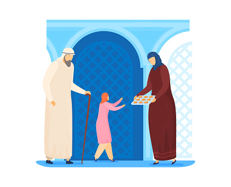 Muslim woman treats girl to cookies, fresh baked goods, cute granddaughter, delicious dessert, cartoon style vector illustration.