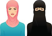 Two young women, wearing a hijab and nikab, isolated on a white background.