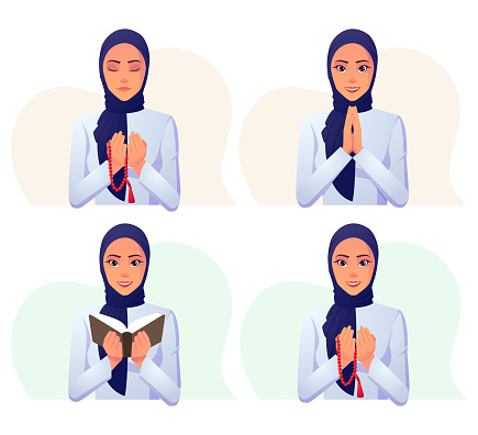 Muslim Woman Wearing White Dress with Blue Hijab Reading Quran, Praying with pearl and smile Premium Vector Illustration.