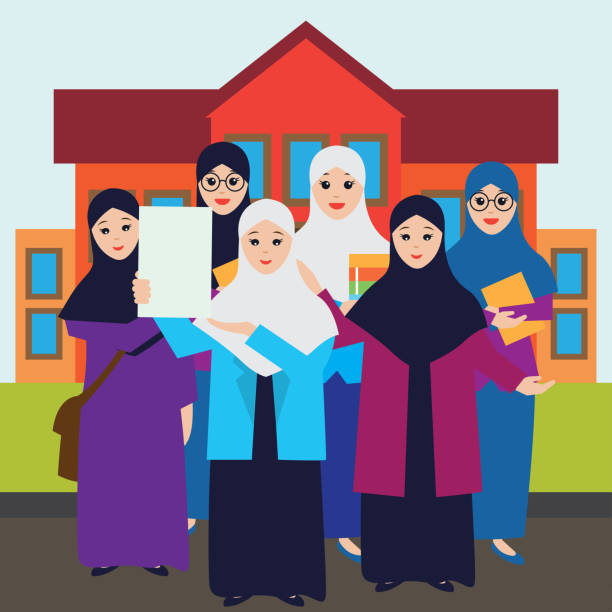 stockillustraties, clipart, cartoons en iconen met moslimvrouwen het dragen van hijab voorkant college cartoon karakter. vectorillustratie - arabic student