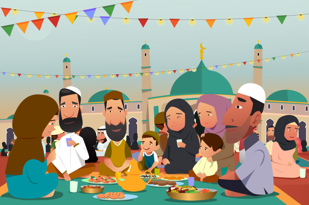 A vector illustration of Muslims Eating Together During Ramadan