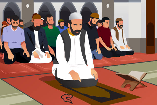 Muslims Praying in a Mosque Illustration A vector illustration of Muslims Praying in a Mosque muslim prayer stock illustrations