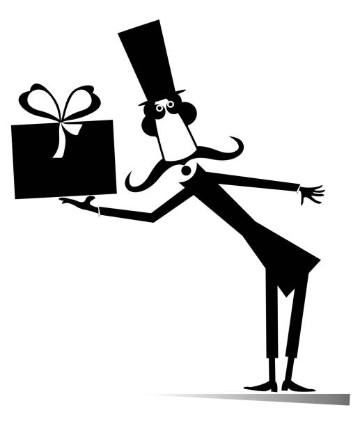 Mustache man in the top hat holds a huge present box with ribbon illustration vector art illustration