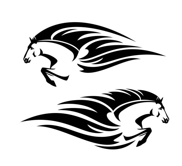 黒と白のベクトルの頭と脚を前方に突き進むマスタング馬の輪郭は、部族の炎の装飾で - 雄馬点のイラスト素材／クリップアート素材／マンガ素材／アイコン素材