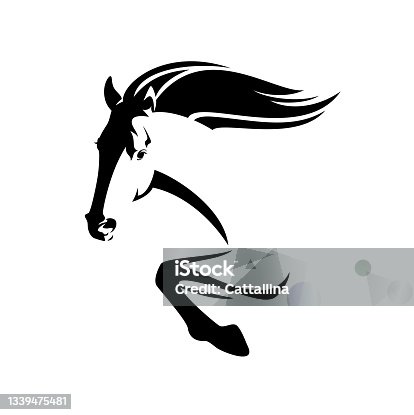 istock mustang horse speeding forward black and white vector head and legs outline 1339475481