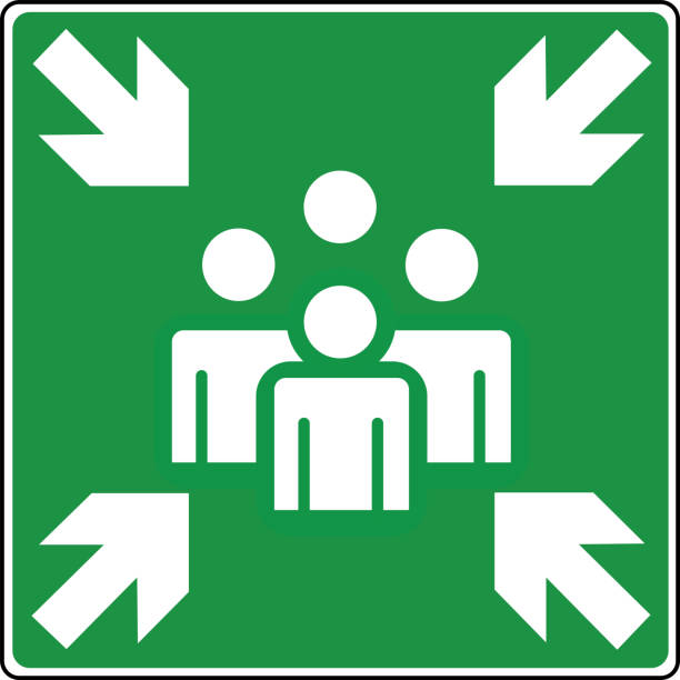 Muster point  - exit and evacuation signs - assembly point Muster point  - exit and evacuation signs - assembly point safe move stock illustrations