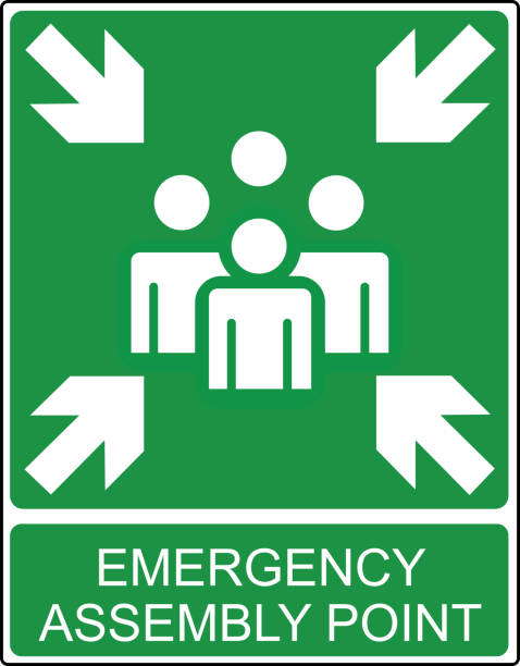 Muster point  - exit and evacuation signs - assembly point Muster point  - exit and evacuation signs - assembly point safe move stock illustrations