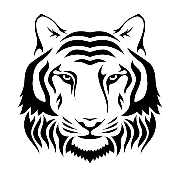 bildbanksillustrationer, clip art samt tecknat material och ikoner med munkavle på en tiger isolerad på wgite bakgrund. tigerns huvud siluett. logo typ, emblem mall. - djurhuvud
