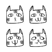 Muzzles of cats with different emotions. Vector illustration in Doodle style. A set of six feline emotions. You can use it as icons or as a character for your brand.