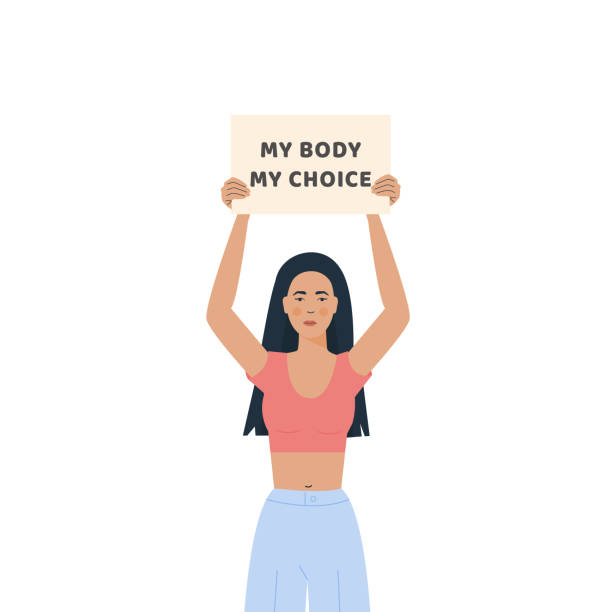 My Body My Choice. Movement against a ban on Abortion. Placard against unwanted pregnancy. Trendy Modern Young Woman holding banner to support women rights. Female brown skin protester. Vector. My Body My Choice. Movement against a ban on Abortion. Placard against unwanted pregnancy. Trendy Modern Young Woman holding banner to support women rights. Female brown skin protester. Vector abortion protest stock illustrations