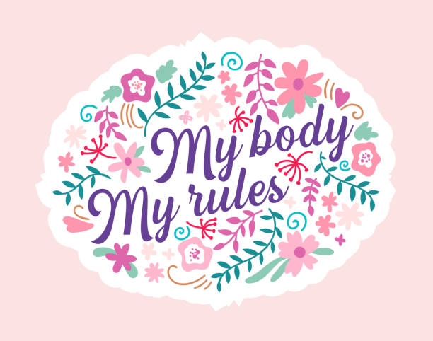 My Body My Rules Lettering on Floral Ornament Isolated on Pink Background. Bodypositive, Self Love Motto, Body Positive My Body My Rules Lettering on Floral Ornament Isolated on Pink Background. Bodypositive, Self Love Motto, Body Positive Woman Movement. Icon with Green Brunch, Flowers and Leaves. Cartoon Vector Label positive body image stock illustrations
