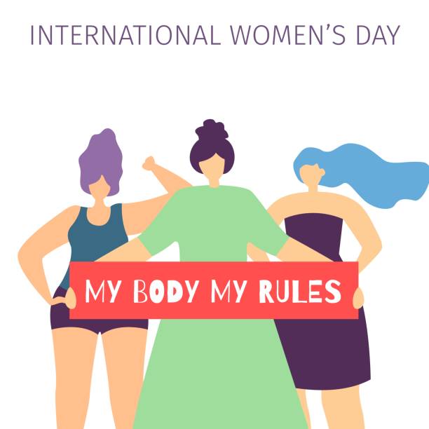 My Body My Rules Lettering Woman Motivate Banner My Body My Rules Quote Lettering Woman Motivate. Flat Cartoon Banner Group of Plus Size Girls Standing Holding Streamer with Feminism Slogan. Vector Design Illustration Social Movement Modern Women abortion protest stock illustrations