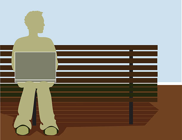 My Computer and Me Illustration of a young man working on a bench. small business saturday stock illustrations
