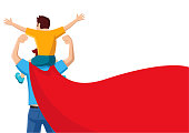 Simple flat vector cartoon of a father with red cape carry his son on his shoulders