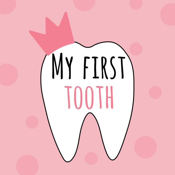 ilustrações de stock, clip art, desenhos animados e ícones de my first tooth pink vector illustration for kids party. baby girl first lost tooth concept. - lost first