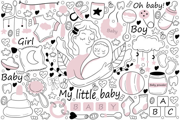 My little baby doodle set My little baby doodle set. Collection of hand drawn sketches templates drawing patterns of mother holding hugging child girl boy toddler. Motherhood or mothers day and childhood illustration. mother patterns stock illustrations