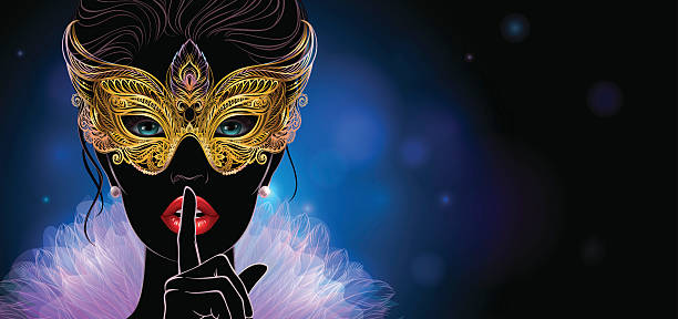 Mysterious lady in golden carnival mask. Vector Illustration. A mysterious lady in golden carnival mask put a finger on lips in a hush gesture.  Beautiful concept design for greeting card, party invitation, banner or flyer. mardi gras women stock illustrations