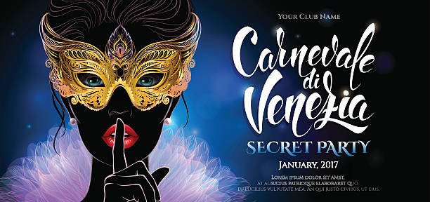 Mysterious lady in golden carnival mask. Mysterious lady in golden carnival mask put a finger on lips in a hush gesture. Venetian carnival. Concept design with hand drawn lettering for poster, greeting card, party invitation, banner or flyer mardi gras women stock illustrations