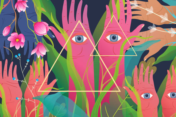 Mysterious spiritual esoteric hands and flowers and eyes watching horizontal background. Mysticism backdrop with magic forest flowers and hands with eyes watching. Fantasy magical horizontal background. yoga patterns stock illustrations