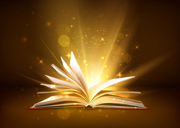 輝くページを持つミステリーオープンブック。魔法の光の輝きと星とファンタジーブック。ベクトルイラスト - 謎点のイラスト素材／クリップアート素材／マンガ素材／アイコン素材