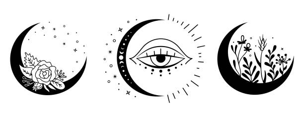 ilustrações de stock, clip art, desenhos animados e ícones de mystic abstract moon silhouette. vector illustration. witchcraft, magoc print. - moon b&w