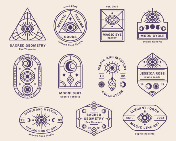 Mystic emblems set Eye, Sun and Moon abstract logo set, branding design template, trendy line art minimal style. Vector illustration. Geometric Alchemy Symbol, Occult and Mystic Sign, Sacred Geometry outer space symbols stock illustrations