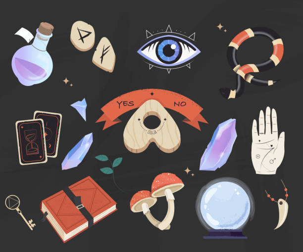 Mystic, esoteric and occult set - planchette, book, palmistry hand, crystal ball, bottle potion and tarot flat vector isolated. Magic items collection, witchcraft symbols. Magic items collection, witchcraft symbols. Mystic, esoteric and occult set - planchette, book, palmistry hand, crystal ball, bottle potion and tarot flat vector isolated. planchette stock illustrations