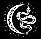 Mystic abstract snake in boho style on black background. Sacred serpent with moon branches and stars. Esoteric concept. Vector magic minimalistic print.