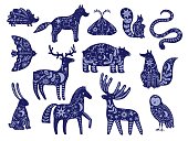Mystic stars animals. Decorated silhouettes creatures, floral elements and constellations, bohemian magical woodland fauna with plant leaves and astrology signs, vector cartoon flat style isolated set