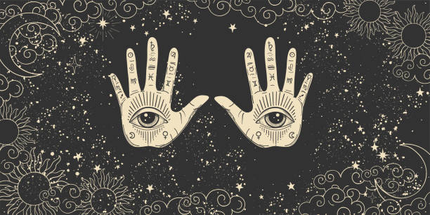 ilustrações de stock, clip art, desenhos animados e ícones de mystical poster for numerology, astrology and future prediction. two palms of a hand with an all-seeing eye on a mystical black background with the moon, sun, stars. vector boho background for palmistry. - numerologia