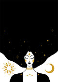 istock Mystical vector vintage illustration, face of a witch girl with black hair, card with copy space, space background with sun, moon and stars. Concept for meditation, tarot, witchcraft. 1301018140