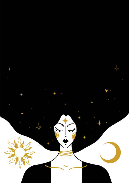 신비한 벡터 빈티지 일러스트, 검은 머리를 가진 마녀 소녀의 얼굴, 복사 공간이있는 카드, 태양, 달과 별이있는 공간 배경. 명상, 타로, 마술에 대한 개념. - tarot stock illustrations