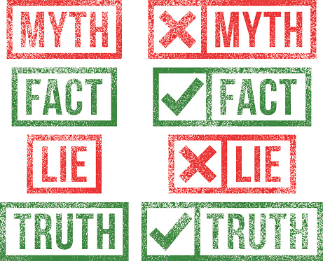 Myth,Fact, Lie,Truth rubber stamps.