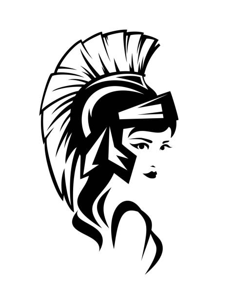 illustrazioni stock, clip art, cartoni animati e icone di tendenza di mitica dea athena che indossa casco ritratto vettoriale in bianco e nero - warriors