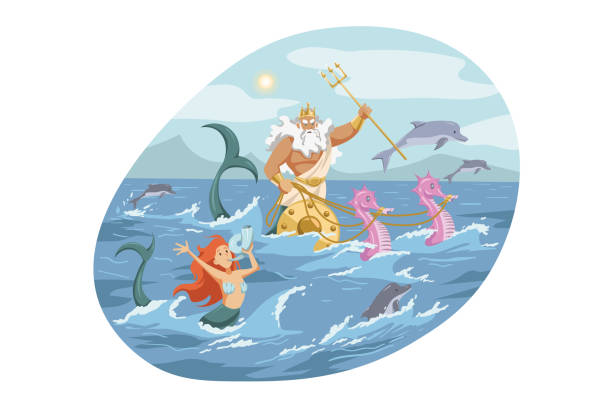 Mythology, Greece, Olympus, god, Neptune, religion concept Mythology, Greece, Olympus, god, Neptune, religion concept. Ancient Greek religious myths illustration. Poseidon with trident Zeus brother rides chariot with seahorses on ocean and deity of sea storm. neptune roman god stock illustrations
