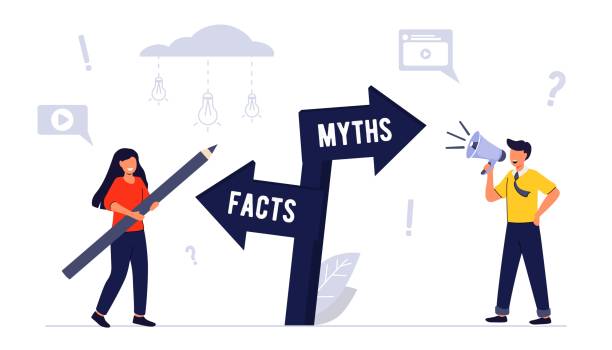 Myths and facts Information accuracy in flat tiny persons concept Businessman and directional sign of facts versus myths Verify rumors scene Fake news versus trust and honest data source  mythology stock illustrations