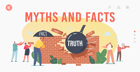 Myths and Facts Information Landing Page Template. Characters under Umbrella, Ball Demolishing Fake News Wall, Fiction