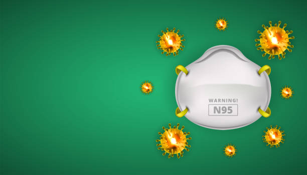 n95 защита маски для защиты от коронавирусов 3d реалистичный вектор в зеленом фоне с пустым пространством копии. клетка вируса короны, болезн� - n95 mask stock illustrations
