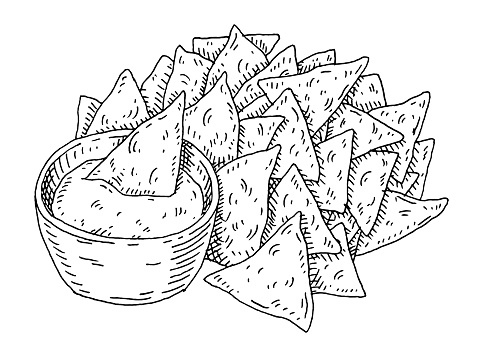 Nachos chips with guacamole in pan. Vintage hatching illustration.