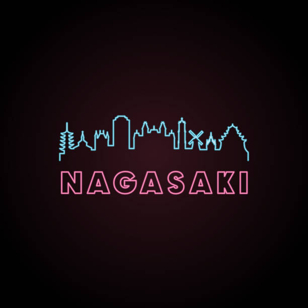 Nagasaki skyline neon style in editable vector file. Nagasaki skyline neon style in editable vector file. nagasaki prefecture stock illustrations