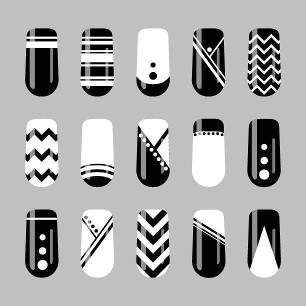 illustrazioni stock, clip art, cartoni animati e icone di tendenza di nail art design. set vettoriale di unghie geometriche in bianco e nero - french manicure