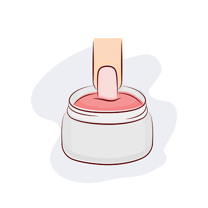 Nail dip system, dipping the nail in a red powder, manicure vector illustration