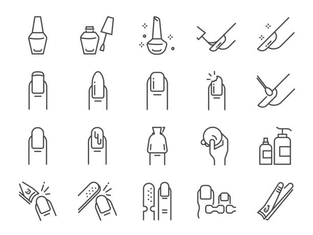 Nail polish salon icon set. Included the icons as finger, toe separator, coat, remover pad, glaze, paint, nail art and more Nail polish salon icon set. Included the icons as finger, toe separator, coat, remover pad, glaze, paint, nail art and more nail salon stock illustrations