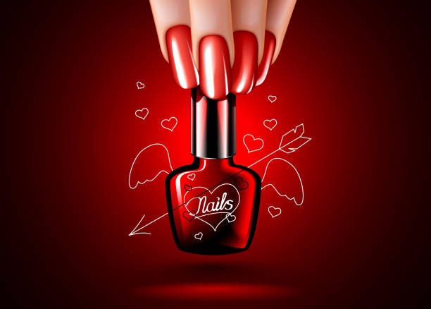 nail polishes with hearts in a woman hand. a beautiful manicure. nail polishes with hearts in a woman hand. a beautiful manicure nail polish bottle stock illustrations