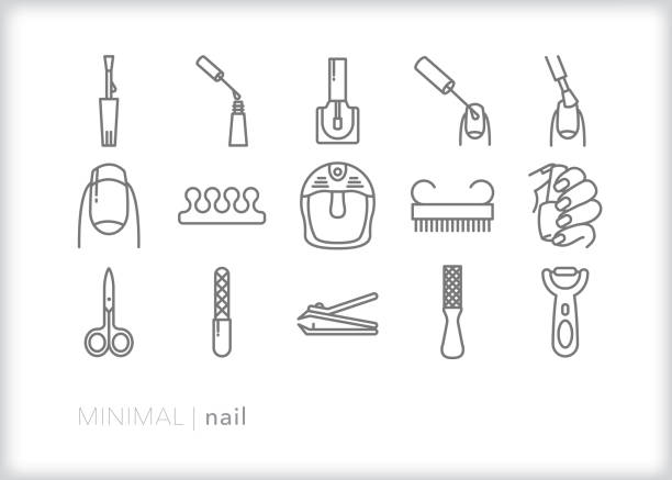 Nail salon line icon set Set of 15 nail salon line icons for getting a professional manicure or pedicure painting fingernails stock illustrations