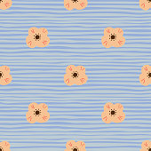 Naive style seamless pattern with orange scandi flowers silhouettes. Blue striped background. Doodle print. Perfect for fabric design, textile print, wrapping, cover. Vector illustration.