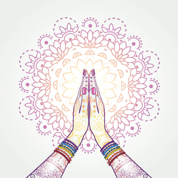 Namaste Decorated Hands decorated greeting position namaste-transparency blending effects and gradient mesh-EPS 10. namaste greeting stock illustrations