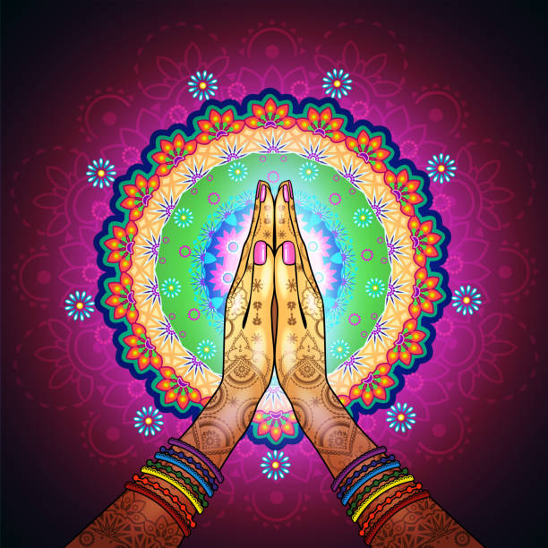 Namaste Mandala Hands decorated greeting position namaste-transparency blending effects and gradient mesh-EPS 10.The text can be removed namaste greeting stock illustrations